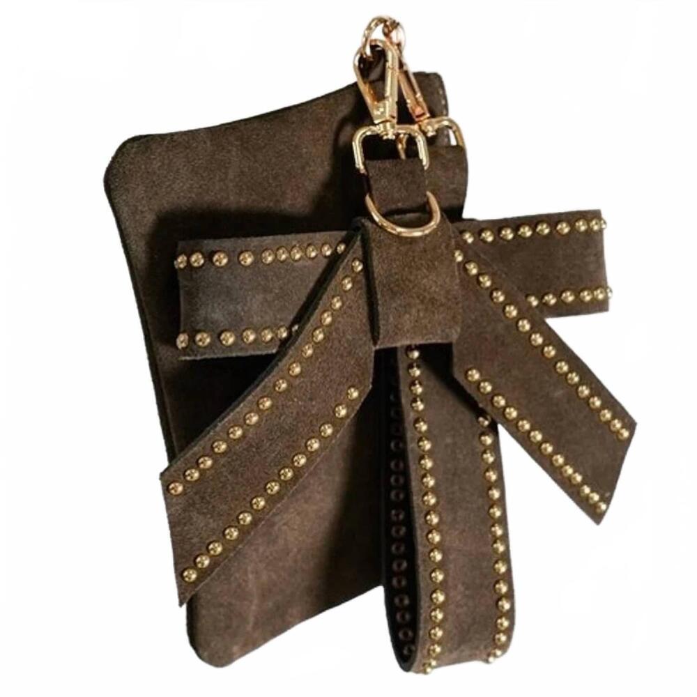 NEW MOST WANTED women's suede wristlet with bow & loop charms studded set - 3-pi